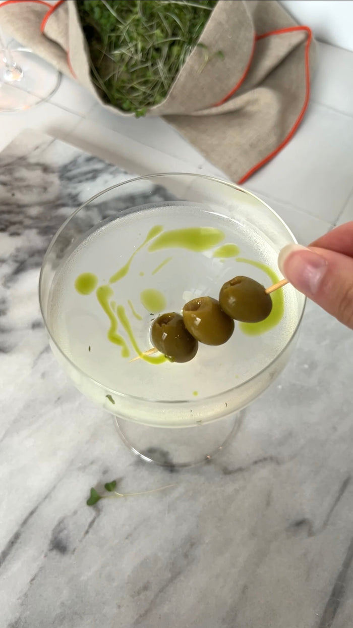 Broccoli Microgreen Martini with Olives and Broccoli Oil