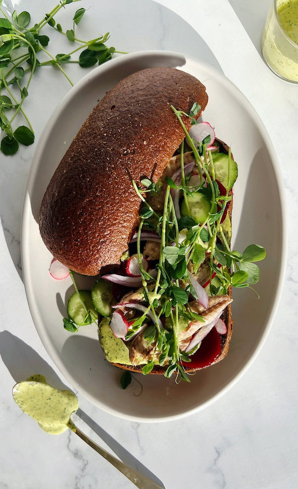 Pea Shoot Aioli on Scandinavian Style Sandwich | Leath Recipes