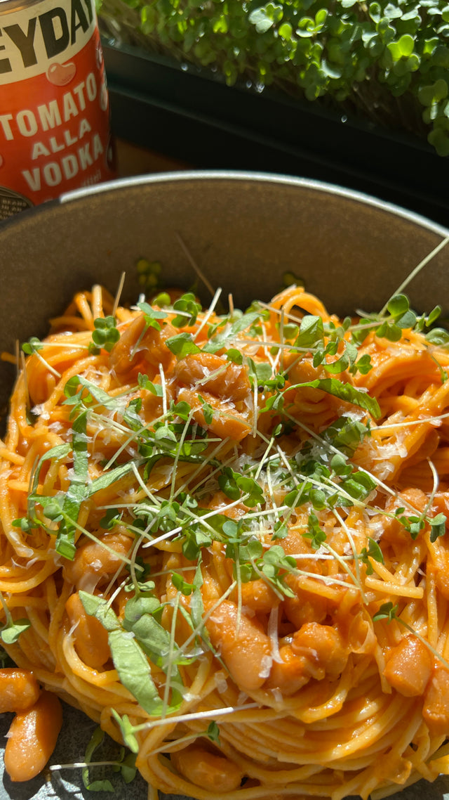 Tomato Alla Vodka Cannelli Bean Pasta with Broccoli Microgreens