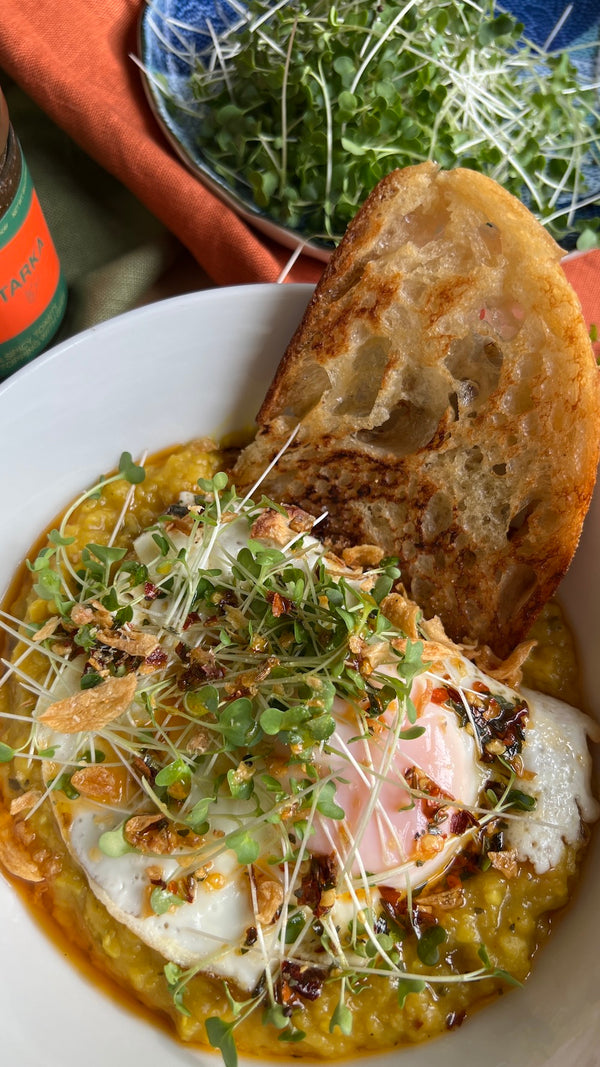 Masoor Daal, Fried Egg & Broccoli Microgreens Bowl - Leath