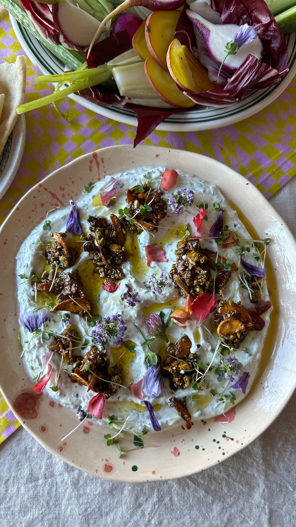 Arugula Labneh with Crunchy Garlic, Chili, Honey Topping | Leath Recipes