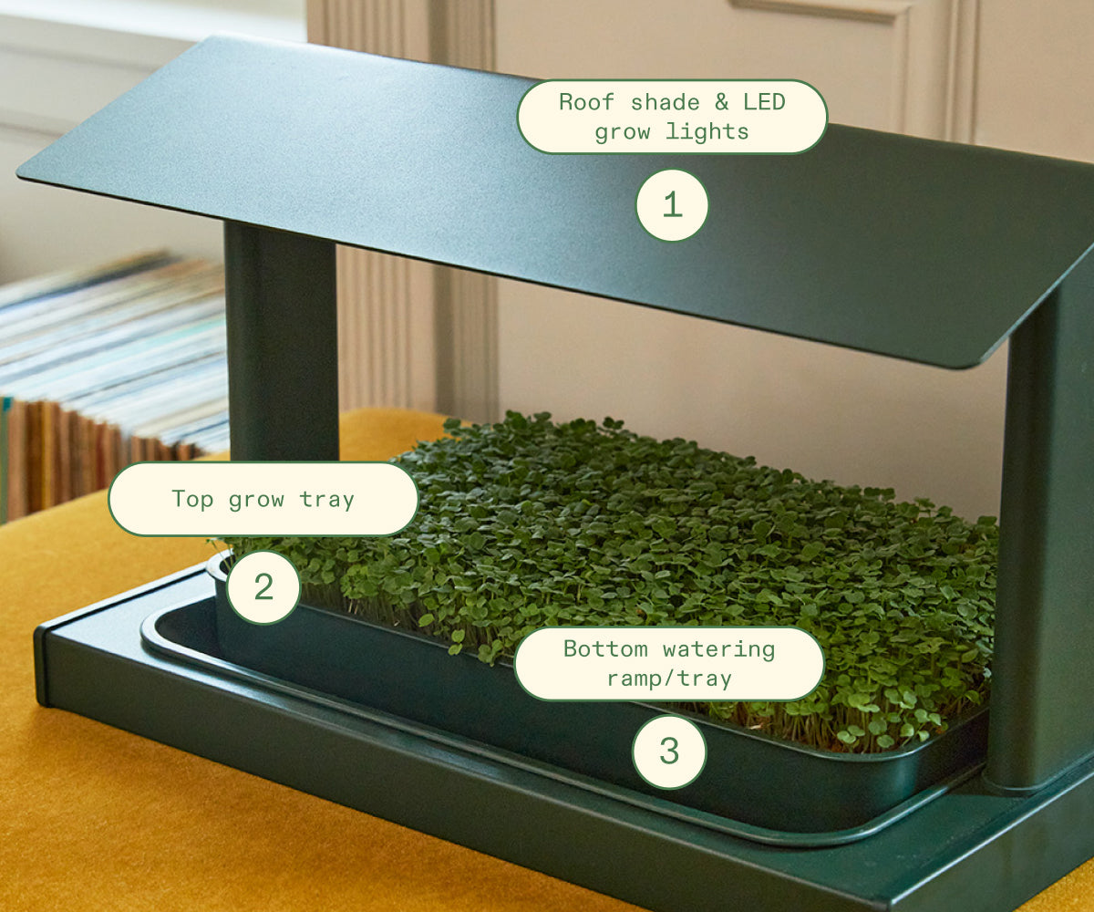 The Fieldhouse key features include a roof shade & attached LED grow lights, the top grow tray, & bottom watering ramp/tray