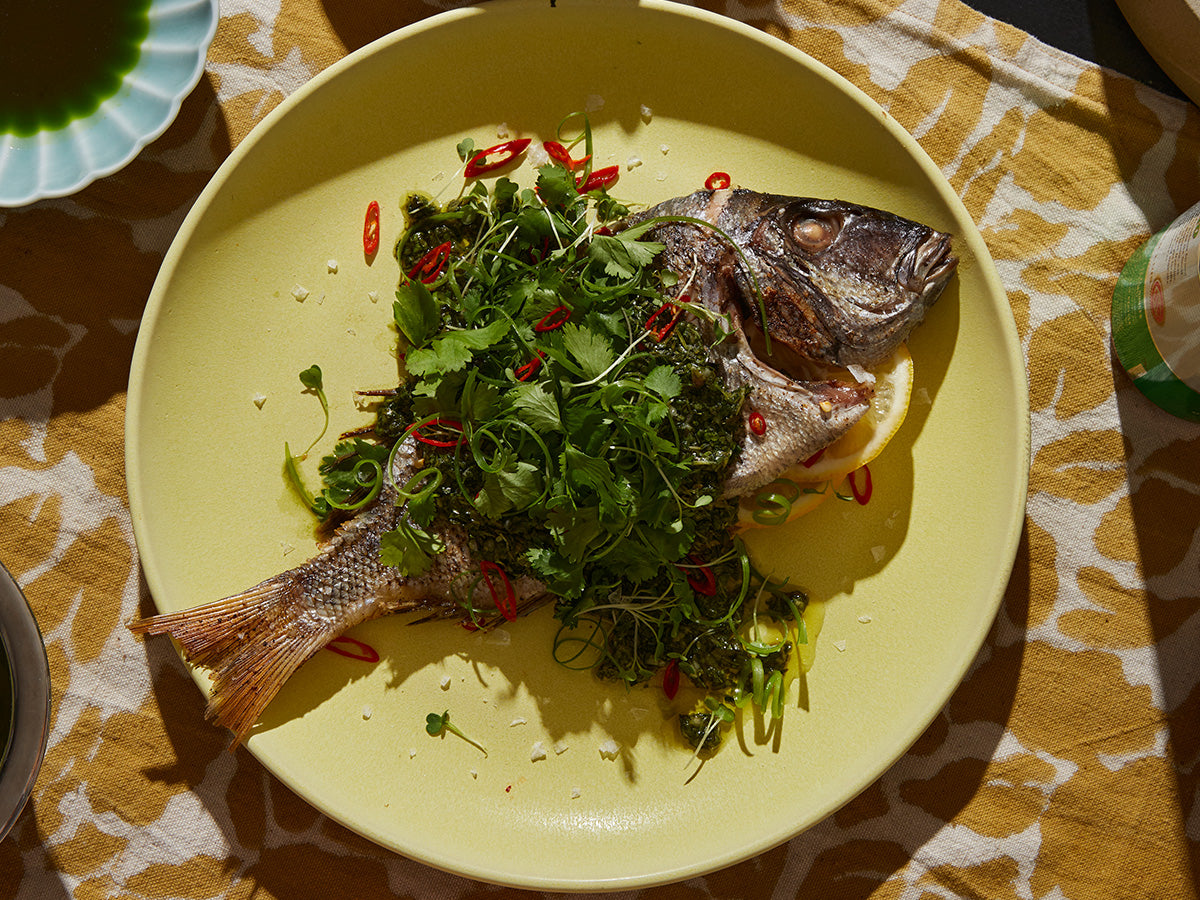 Arugula microgreen chimichurri on fried fish