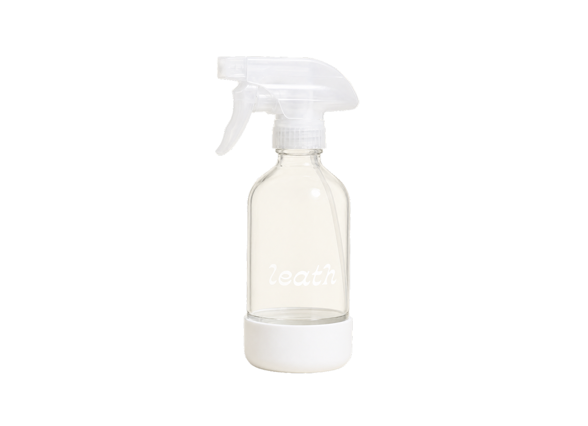 Leath branded glass spray bottle