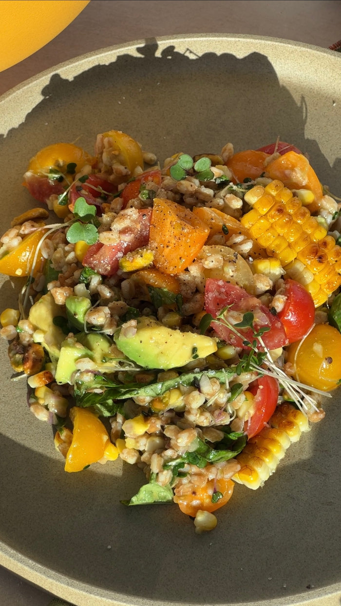 Medley Micorgreen Farro Salad with Cherry Tomato, Avocado, Grilled Corn