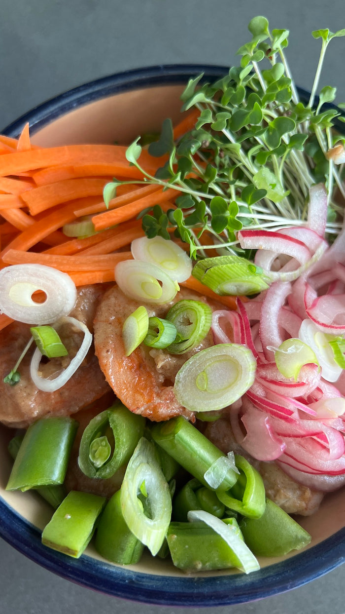 Leath x Haven's Kitchen Miso Ginger Shrimp Rice Bowl with Broccoli Microgreens