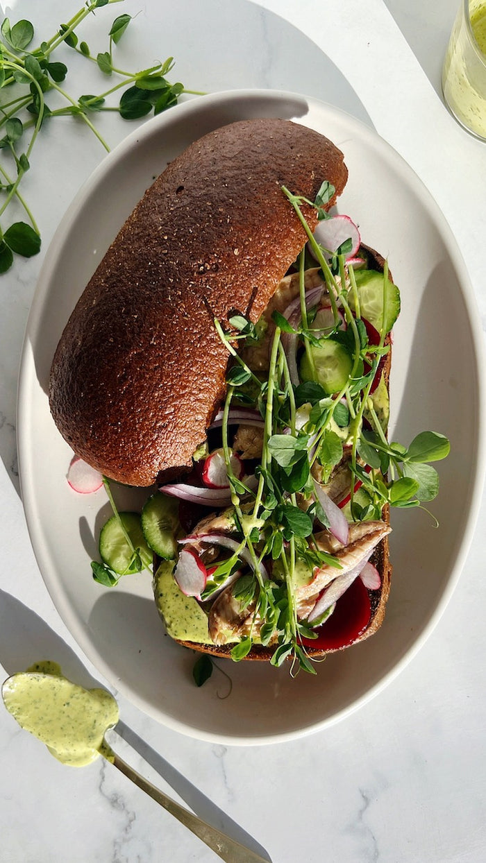 Pea Shot Aioli on Scandinavian style sandwich | Microgreen Recipes from Leath