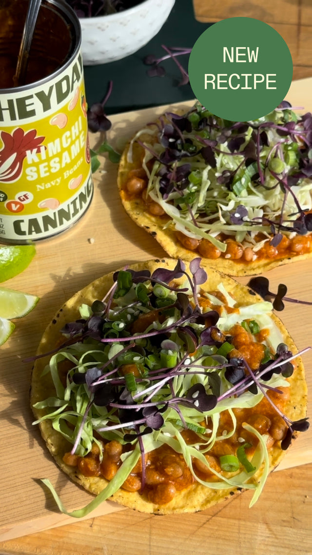 Kimchi Sesame Navy Bean Tostadas and Radish Microgreens