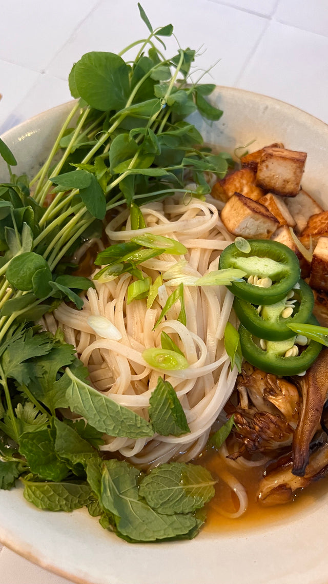 Pea Shoot, tofu, noodle soup by Leath