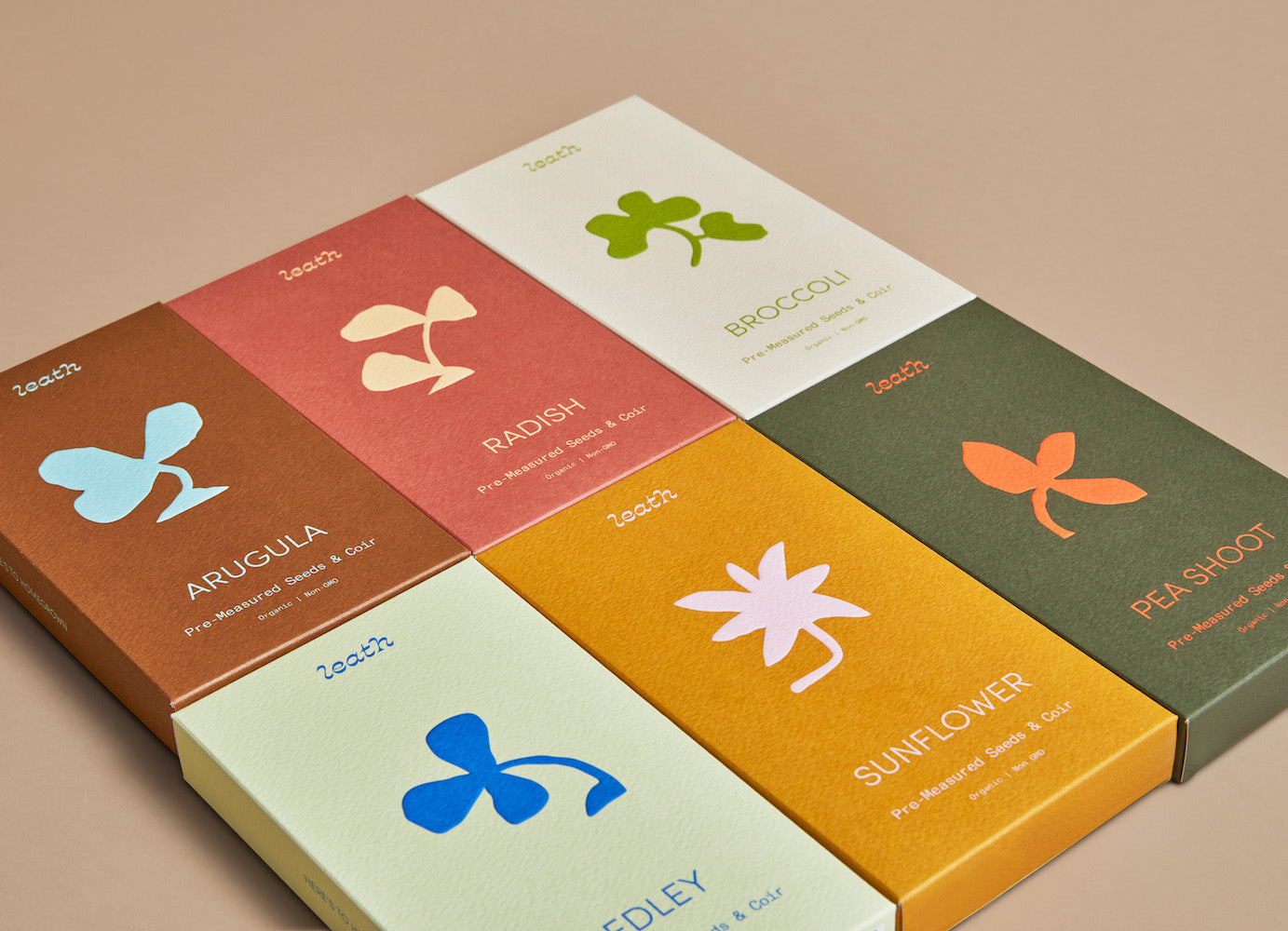 Group of six leathlets - arugula, broccoli, radish, sunflower, pea shoot, medley